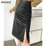 Autumn Winter Lace Up Black PU Leather Women's Wrap Skirt High Wasit Female Straight Side Split Pencil Skirts 2022 New-Outfit