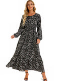 Autumn New Bohemian Floral Print Long Sleeve Waist Dress Women O Neck Loose Casual Beach Vestidos Holiday Robe Dresses-Outfit