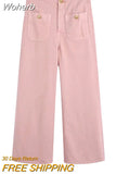 2023 Summer Women Casual Jeans Wide Leg Pants Solid High waist Button Pockets Female Fashion Street Denim Jeans Trousers-Outfit