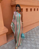 Elegant Printed Diagonal Neck Maxi Dress For Women Sexy Backless Single Flare Sleeve Robe 2024 Summer Lady High Streetwear-Outfit