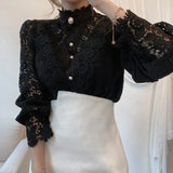 Spring Chic Button Hollow Out Flower Lace Patchwork Shirt Stand Collar Femme Blusas Petal Sleeve Women Blouses