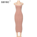 Ribbed Spaghetti Strap Cotton Dress Women Sleeveless O-Neck Summer Dress Solid Backless Long Party