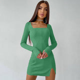 Green Solid Ribbed Long Sleeves Square Neck Mini Dress 2021 Fall Bodycon Sexy Party Club Elegant