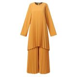 Women Muslim Sets Islamic Clothing Plain Suits Morocco Turkish Pleated Full Sleeve Tops Wide Legs Long Pants