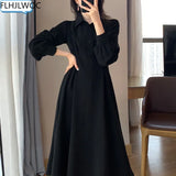 Hot New Design Korean Style Womens Fashion Cute Elegant Office Lady A Line Long Single Breasted Button Button Black Shirts