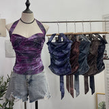 Shot Tie-Dye-Dyed Denim Print Folding Mesh Sling Sling Sling Neck With Bow Striped Backwear