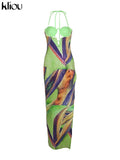Kliou Aesthetic Print Maxi Dresses Women Fashion Sleeveless Lace up Backless Cleavage Body-Shaping Robe Partywear Female