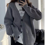 Woherb Sweater Cardigan 2024 New Autumn Winter Languid Lazy Wind V Collar Show Thin Pure Color Loose Korean Version Temperament Coat Female-Outfit