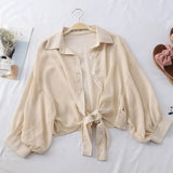 2021 Summer Half Sleeve Buttoned Up Shirt Loose Casual Blouse Chiffon Shirts Women Tied Waist Elegant Blouses for