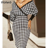 Plus Size Elegant Dress Women Fashion Casual Slim V Neck Long Sleeve Backless Plaid Print Knitted Dress Women-Outfit
