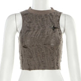 Woherb Summer New Women's Fashion Trend Round Collar Sleeveless Waist Crop Hollow Out Small Vest-Outfit