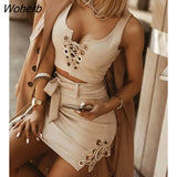 Plain Bandage Front Crop Top & Skirt Set 2 Piece Y2K Office Lady Tank & Bow Tie Skirt Suits Sold Separately Femme Clothe-Outfit