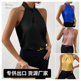 New Summer Women's Satin Neck-Hanging Sleeveless Vest Satin Imitation Silk Blouse From Stock-Outfit