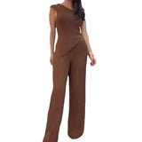Woherb 2024 New Solid Color Diagonal Collar Stripe Elastic Slim Knit Sweater Pants Suit Women-Outfit