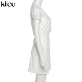 Kliou Solid Sexy Mini Dress Women Hipster Bundled Ball Sheath Short Sleeve Low V-Neck Shaped Waist Hot Streetwear Female