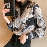 Plus Size Stand Collar Female Shirts New Elegant Floral Blouse Women Long Sleeve Lace Stiching Printing Ladies Tops