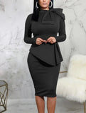 Formal Bow Long Sleeve Solid Knee-Length Office