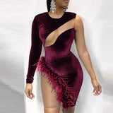 hirigin Sexy Sheer Mesh Patchwork Velvet Mini Dress Women One Long Shoulder Feather Night Club Short Bodycon Vestidos
