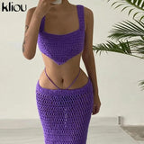 Kliou Knitted Two Piece Set Women Skirt Elegant Classy Back Criss Cross Bandage Camisole Top+Ribbons Hollow Out Female
