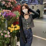 2 Pieces Long Sleeve T-shirts for Women Streetwear Harajuku Halter Crop Top Mujer Korean Style New Arrival College Футболка-Outfit