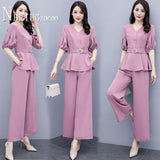 Size Summer 2021 Women Sets Slim Temperament Blouse And Wide Leg Pants Female