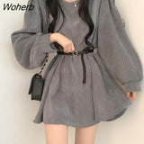 Women Corduroy Dress Vintage Belt Slim Long Sleeve Mini Dresses Fashion Elegant Solid Round Neck Autumn Winter Streetwear Chic-Outfit