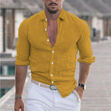 New Men's Summer Cotton-Blind Beach Shirt Long Sleeves Solid Hawaiian Holiday