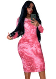 Tie Dye Print Round Neck Long Sleeve Slim Midi