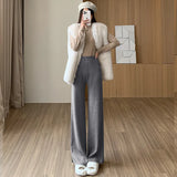 Winter Thick Knitted Women's Wide Leg Pants Side Split Elastic Waist Solid Straight Long Pant 2022 Casual Trouses
