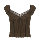 Woherb Retro Lace Stitching Bow Jacket New Spring 2023 Slim Slim Casual Solid Color Short-Sleeved Shirt-Outfit