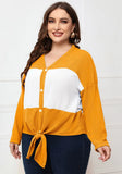 Color Blocking Casual V-neck Full Sleeves Knotted Regular Plus Size