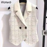 Plaid Imitation Mink Vest Coats Women Slim Vintage Sleeveless Sweater Crop Tops Spring Fall Chic Knitted Waistcoats Outwear-Outfit