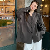 Elegant White V Neck Blouse for Women 2024 Spring Summer Long Sleeve Loose Shirt Woman Oversized Single-Breasted Shirts-Outfit