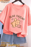 100% Cotton L-5XL Plus Size T Shirt Bunny Print V Neck Tshirt Short Sleeve Women Top Basic Summer Couple Solid T Shirts-Outfit