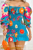Neck Half Sleeve High Waist Dress Flower Off Shoulder Ruffle Hem Shirred Floral Print Mini Dress-Outfit