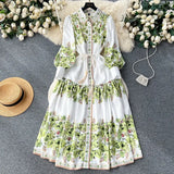 French Vintage Lapel Lantern Sleeve Print Dress Female Straps Closed Waist Show Slim Elegant Dress-Outfit