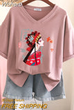 100% Cotton M-6XL T Shirt Print Tshirt Short Sleeve Women's Top Summer Chinese Style Couple V Neck Oversized T Shirts-Outfit