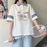 Print Polo Shirt Girl Harajuku Japan Cute Summer Patchwork T Shirt For Girl Kawaii Punk Loose Student Funny Clothes