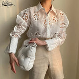 Sexy See Through Long Sleeve Loose White Blouse Top High Quality Hollow Out Floral Embroidery Elegant Shirt New Trend