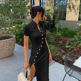 2020 Short Sleeve Buttons Patchwork Slit Sexy Dress Autumn Winter Women Fashion Streetwear Outfits Party Elegant