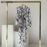 Spring Fashion Stand Collar Women Dress Elegant Long Sleeve Loose Female Lace-up Printed Mid-length Dress Vestidos 2021-Outfit