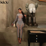 Kliou Mesh Striped Two Piece Set Women Sheath Body-Shaping High Street Sexy Hipster Long Sleeve O-Neck Female Streetwear