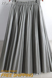 Women Autumn Midi PU Faux Leather Pleated Skirt Elegant Vintage Elastic High Waist Long A-line Skirt QT1907-Outfit