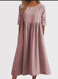 Cotton-Sleeved Short-Sleeved Pocket Folded Loose Round-Neck Dress In Summer
