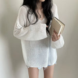 2021 White Blouse Hollow Out Sunscreen Sweater Loose Lady Tops V-neck Sweater Summer Sunscreen Blouse New Chic
