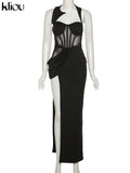 Kliou Halter Mesh Maxi Dress Women Wrapped Chest Asymmetrical Side Spilt Vestido Lady Girl Sexy Elegant Robe Party