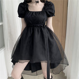 Mini Dresses Women Black Mesh Irregular Slim Square Collar Puff Sleeves Ruffles Korean Style Elegant Trendy Ulzzang