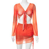 Summer Mesh Wrap Top and Mini Skirts Two Piece Holiday Matching Set Print Fashion Outfits See Through Women's