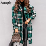 2021 Khaki Autumn Loose Plaid Single Breasted Long Coat Jacket Women Pocket Casual Long Sleeve Winter Jacket Coat