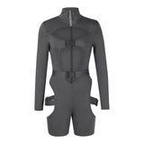 hirigin Women Bodycon Buckle Cut Out Biker Rompers Sexy Long Sleeves Hollow Out Clubwear Bodysuit One Piece Short Jumpsuit